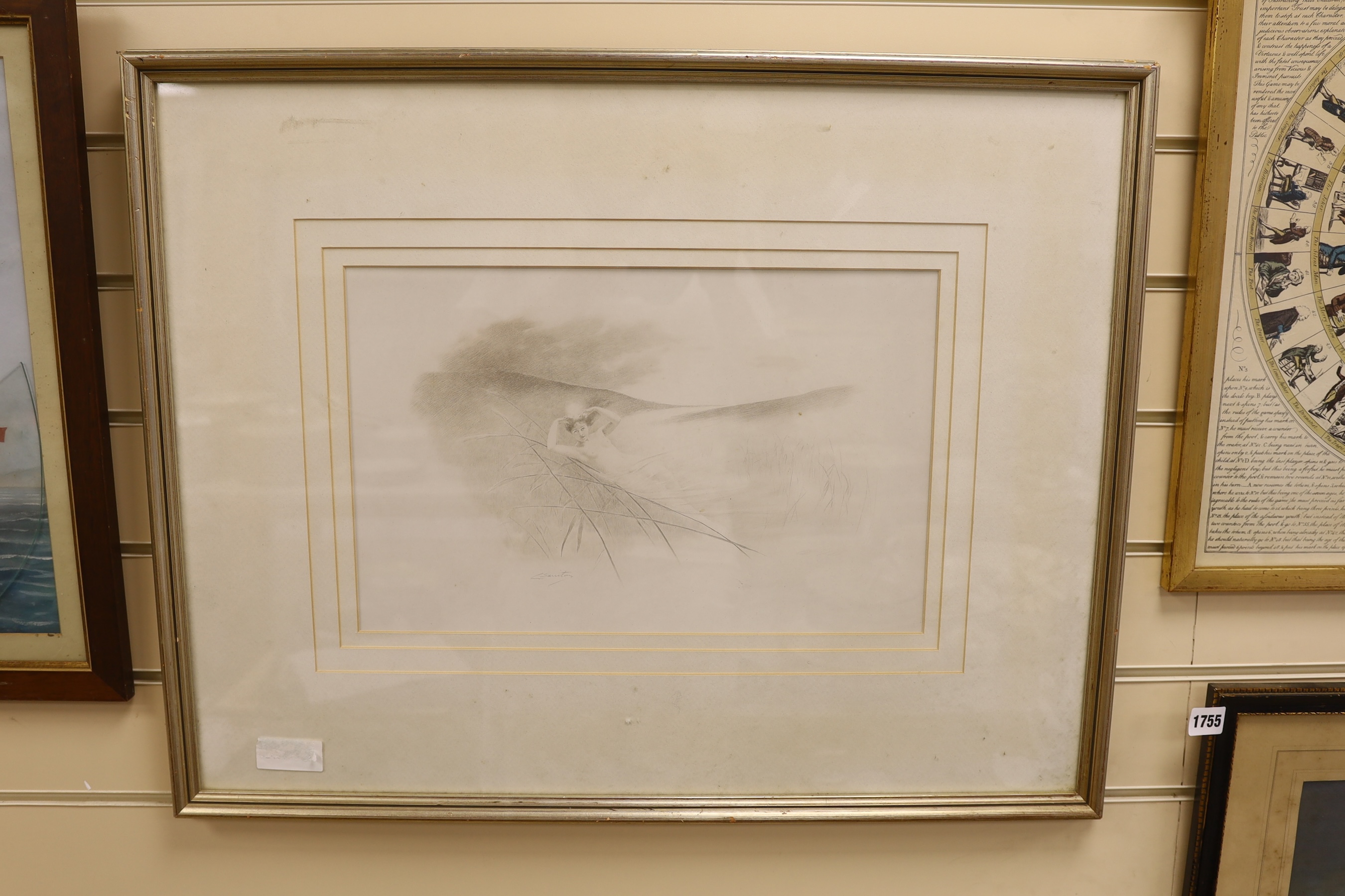 Charles Prosper Sainton (1861-1914), silverpoint, Woman amongst reeds, signed in the plate, 26 x 42cm